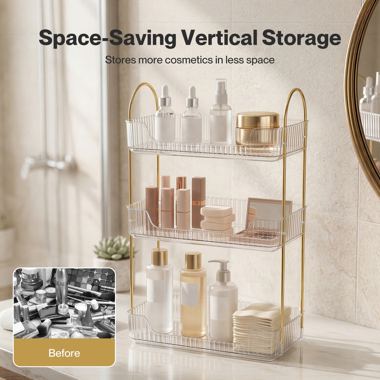 ilus Makeup Organiser Modern 3-Tier Cosmetic Storage Rack Beauty Tray White