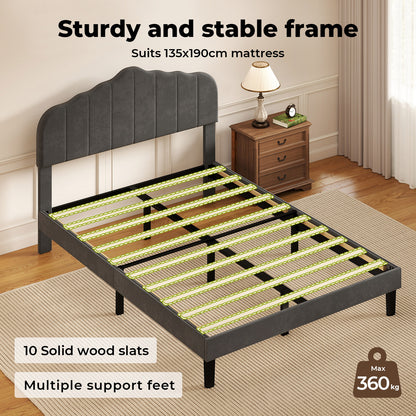 Levede Upholstered Bed Frame Linen Fabric Scalloped Headboard Small Double King