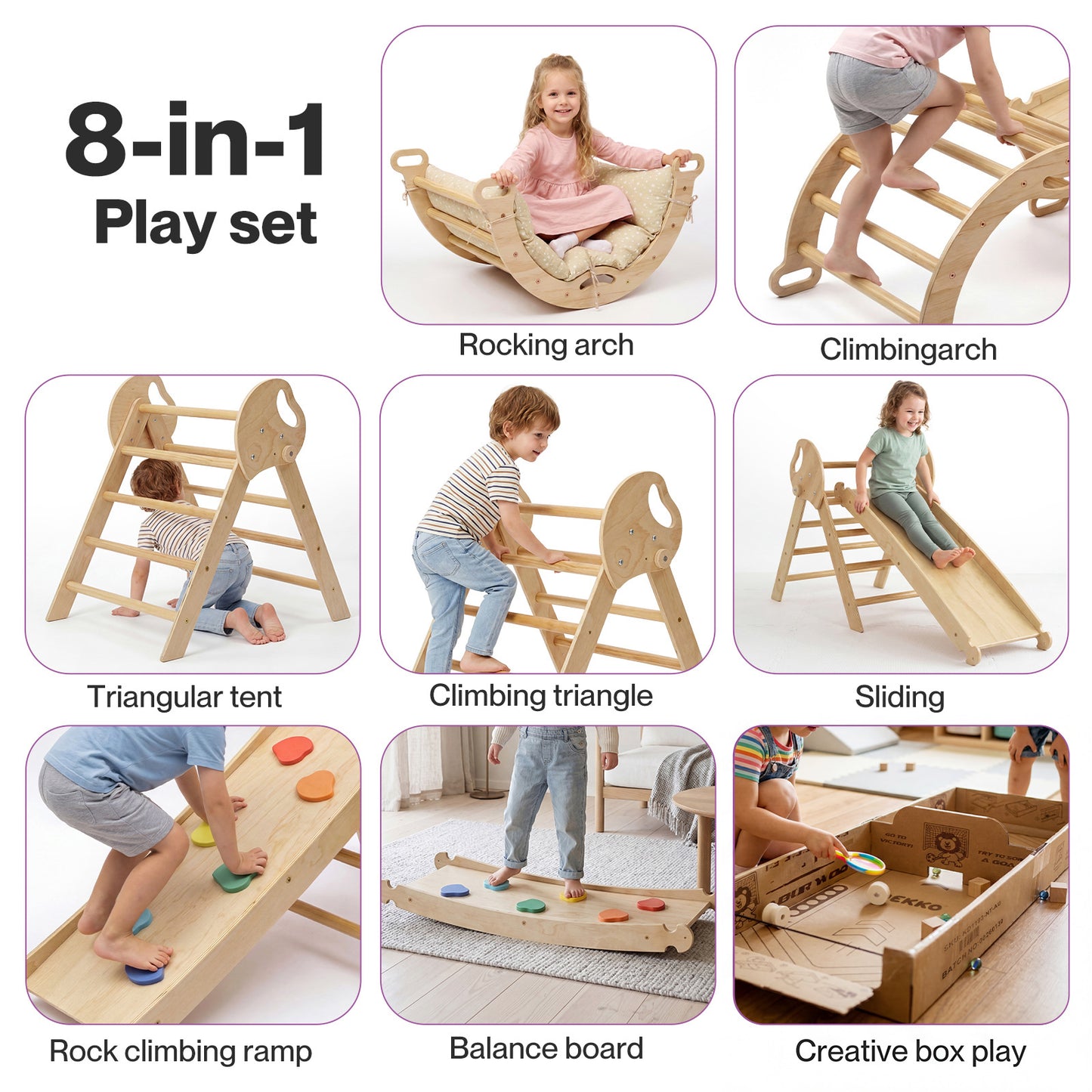 DEKKO 8 in 1 Triangle Climbing Set Kids Wooden Climber with Arch Slide Cushion