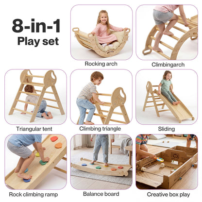DEKKO 8 in 1 Triangle Climbing Set Kids Wooden Climber with Arch Slide Cushion