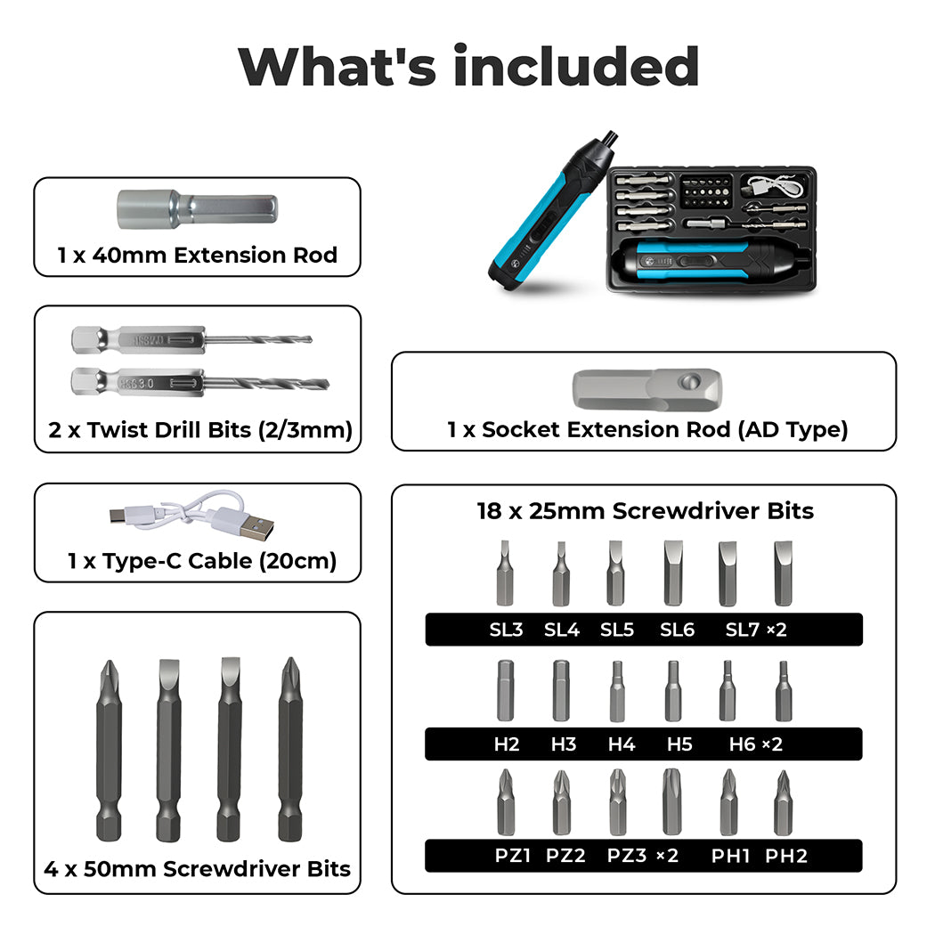Traderight 4V Cordless Electric Screwdriver Set Fast-Charging 1500mah Power Tool