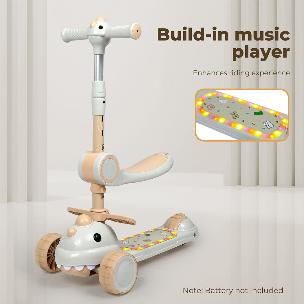 Dekko Foldable Kids Scooter Flip-able Seat Adjustable Height LED Light Beige