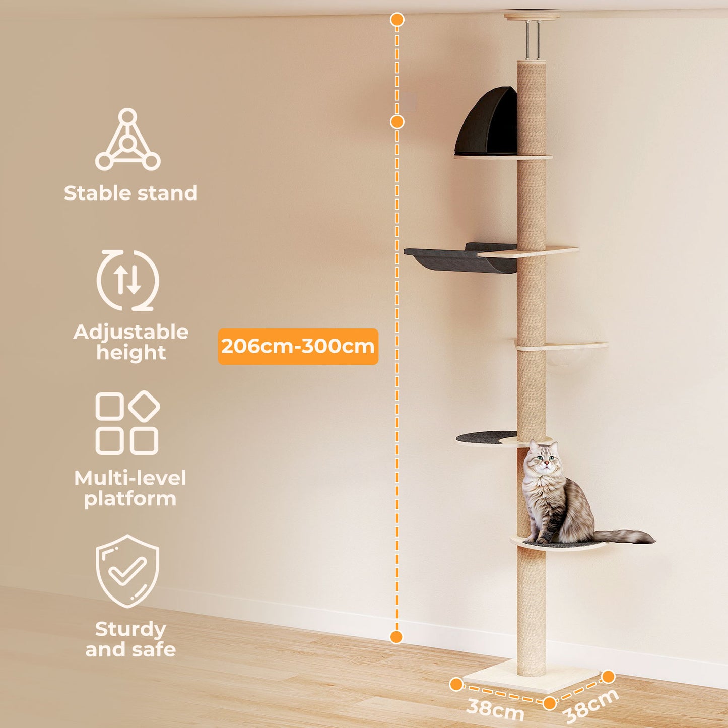 Skylos Floor to Ceiling Cat Tree Adjustable Height 206-300cm 6-Tier Cat Tower