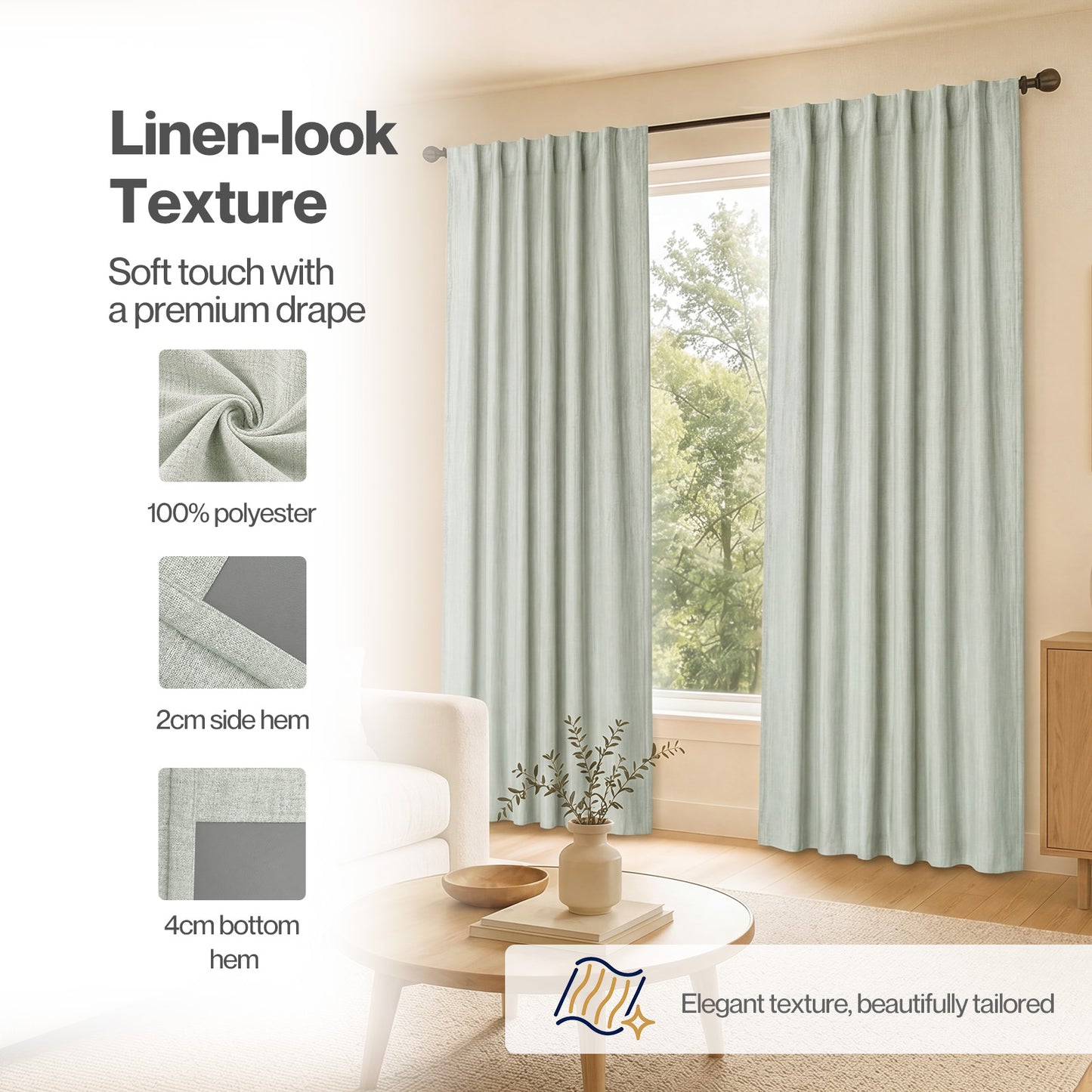 Marlow 100% Blackout Curtains Thermal Linen Look Pair Ready Made 52x84 in Green