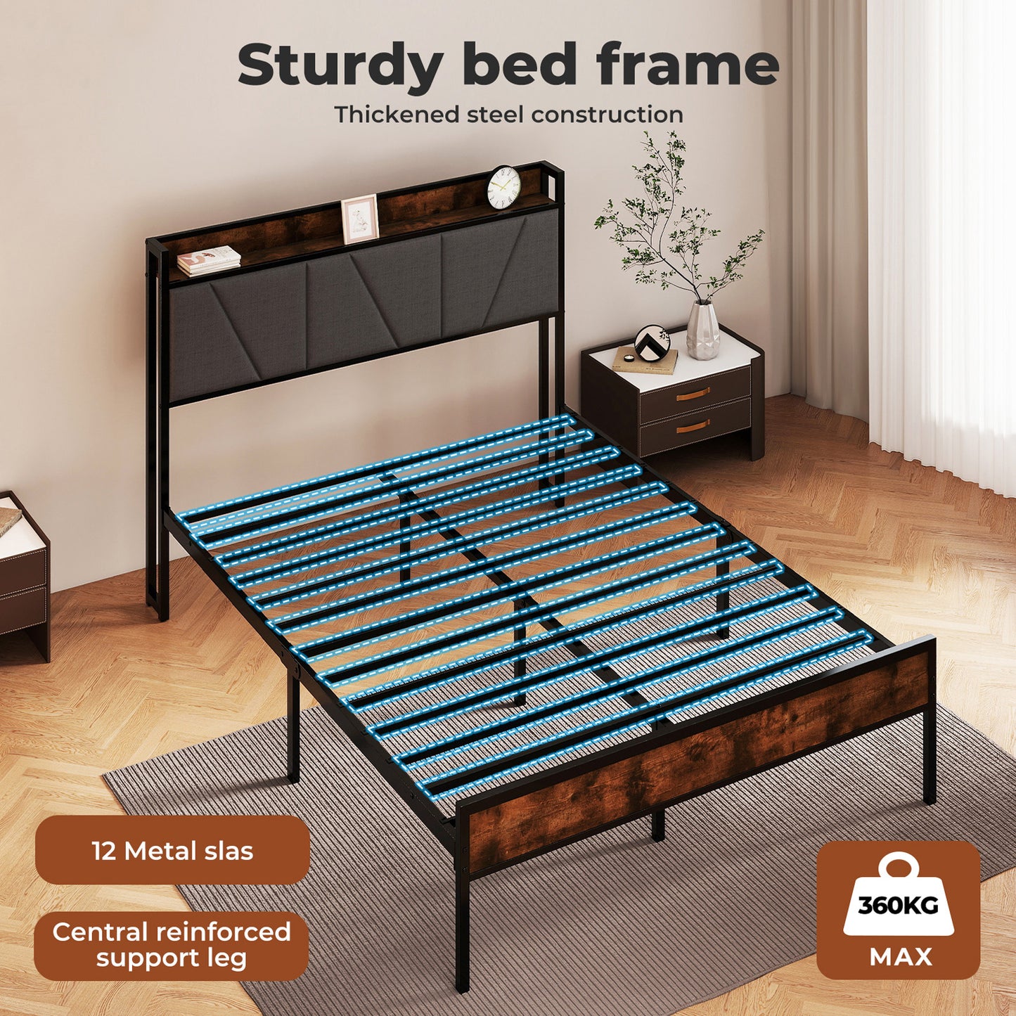 Levede Heavy Duty Bed Frame Metal Platform with Storage Headboard Single Double