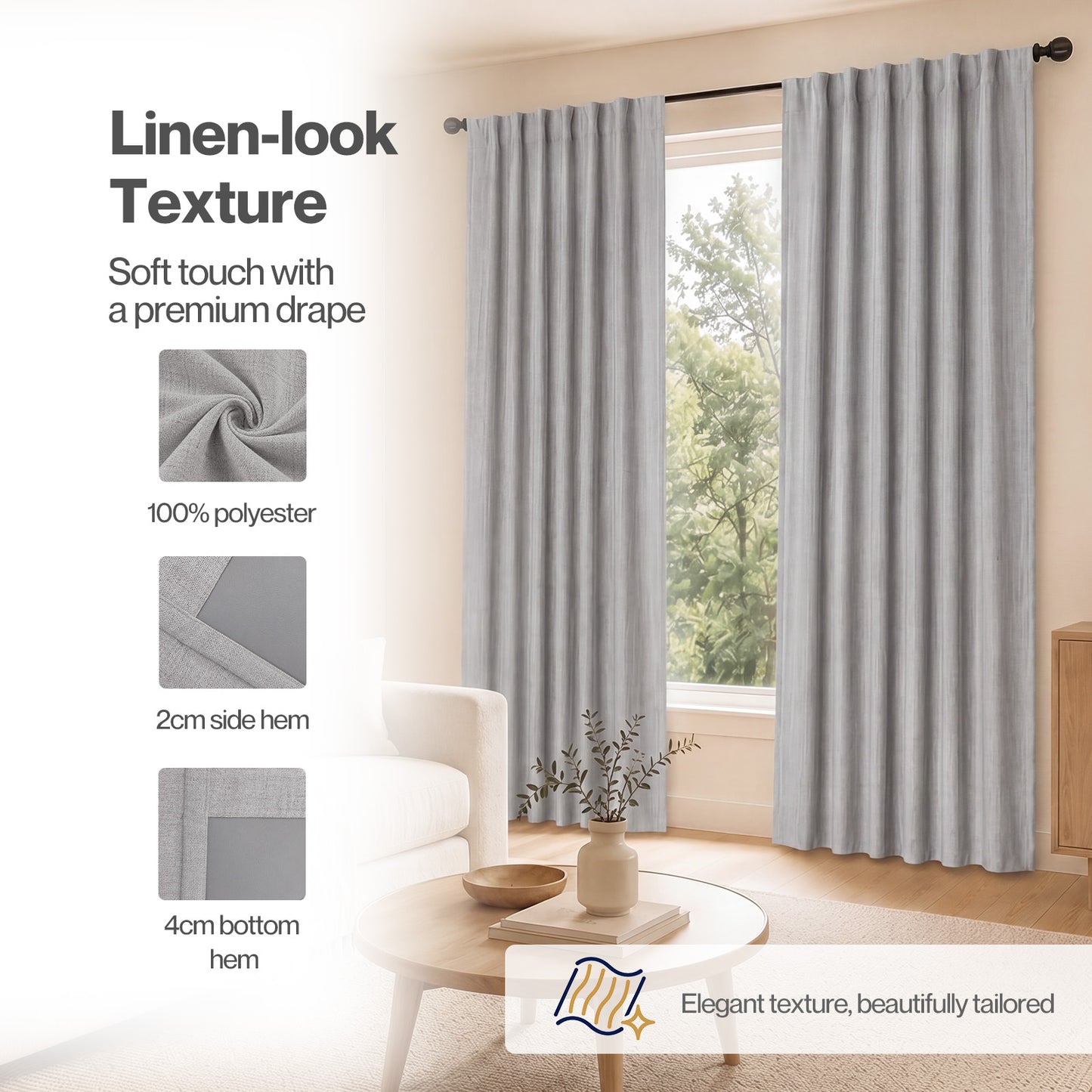 Marlow 100% Blackout Curtains Thermal Linen Look Pair Ready Made 52x84 in Grey