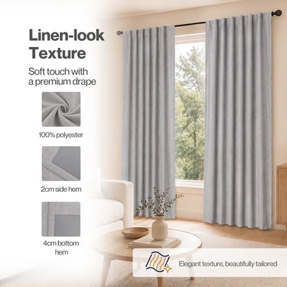 Marlow 100% Blackout Curtains Thermal Linen Look Pair Ready Made 52x84 in Grey
