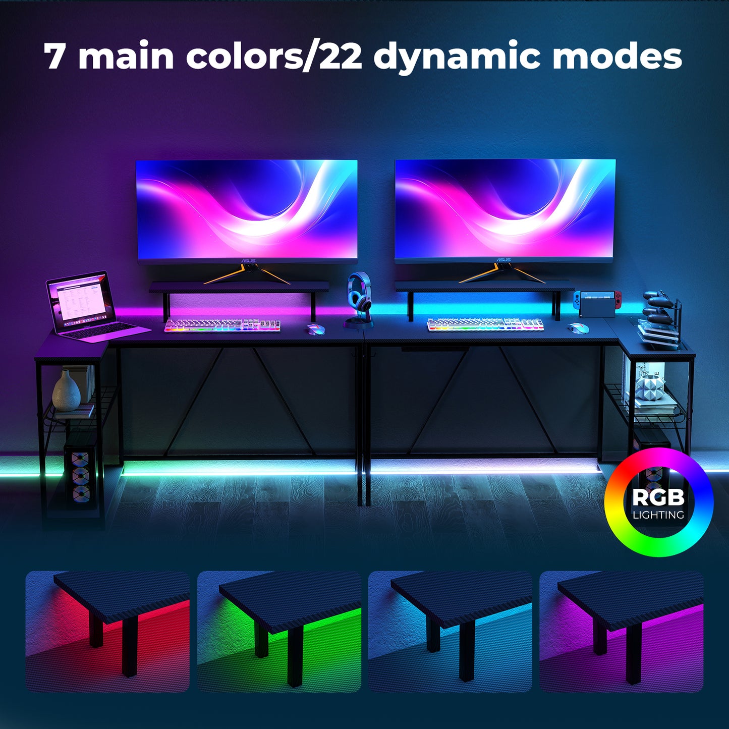 Levede Gaming Desk with LED Lights Shelf Corner L-Shaped Computer Table Charging