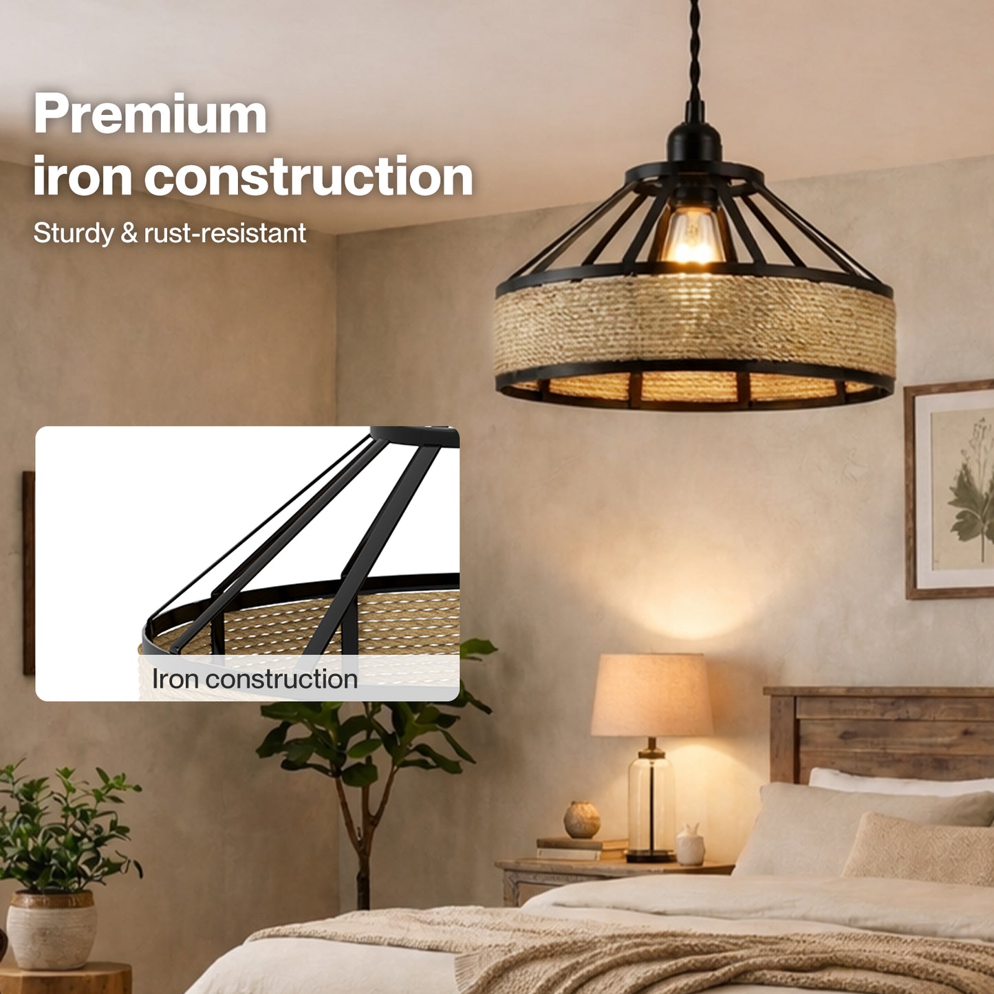 Emitto Modern Ceiling Pendant Light Shade Industrial Hemp Rope Lamp Shade 25cm