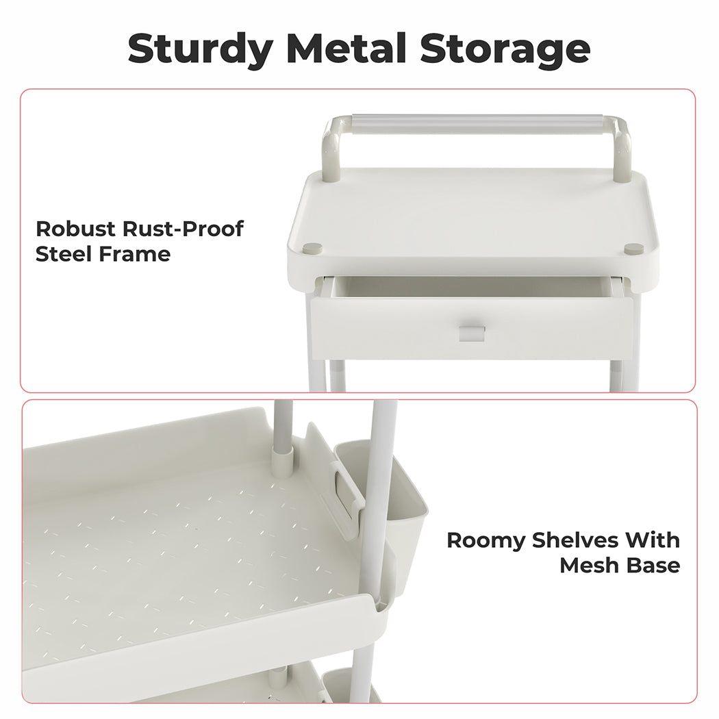 Levede 3 Tier Kitchen Trolley Cart on Wheels Metal Rolling Storage Island White