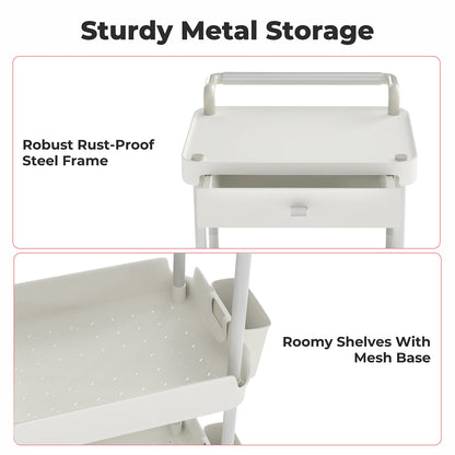 Levede 3 Tier Kitchen Trolley Cart on Wheels Metal Rolling Storage Island White
