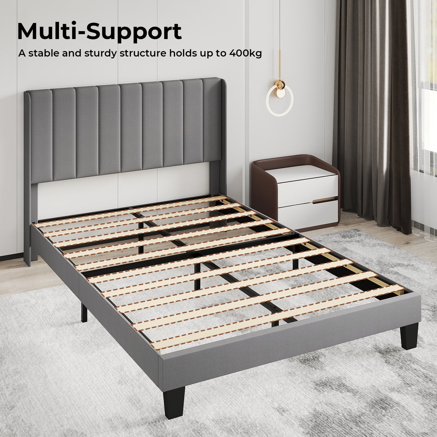 Levede Bed Frame Double King Metal Wood Winger Panel Soft Upholstered Headboard