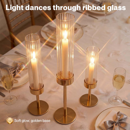 Levede Candle Holder Gold Metal Glass Tube Candlestick Holders Set of 3 Decor