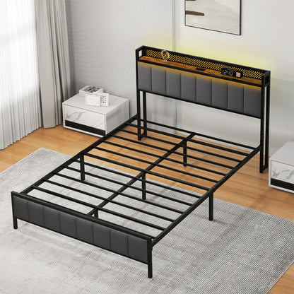Levede Small Double Bed Frame Metal Platform LED Headboard Charging Station Grey