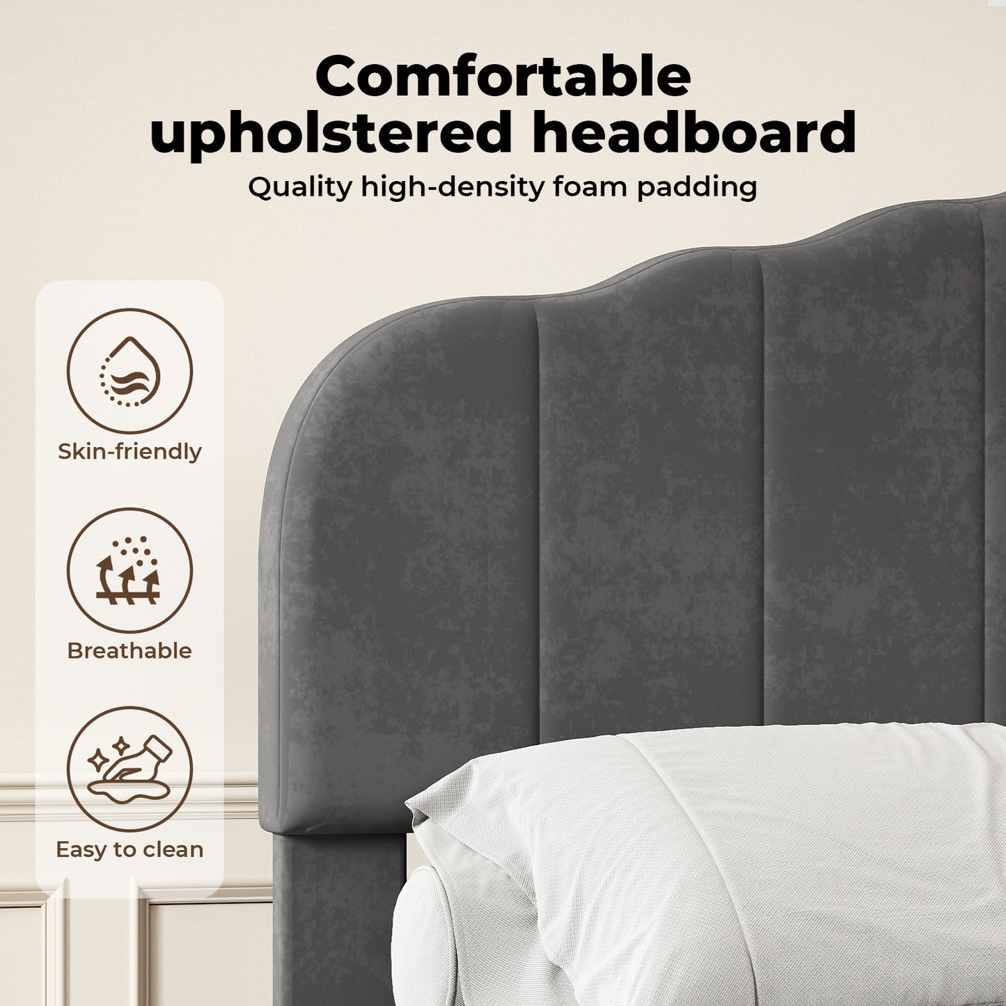 Levede Double Upholstered Bed Frame Linen Fabric Modern Soft Scalloped Headboard