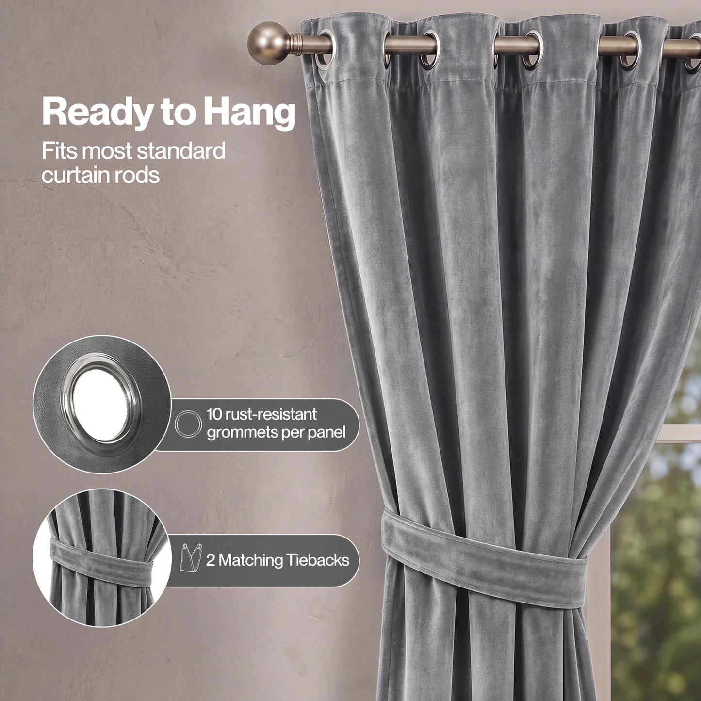 Marlow Thick Thermal Blackout Curtains Velvet 66x72 Inch Eyelet Ring Top Grey