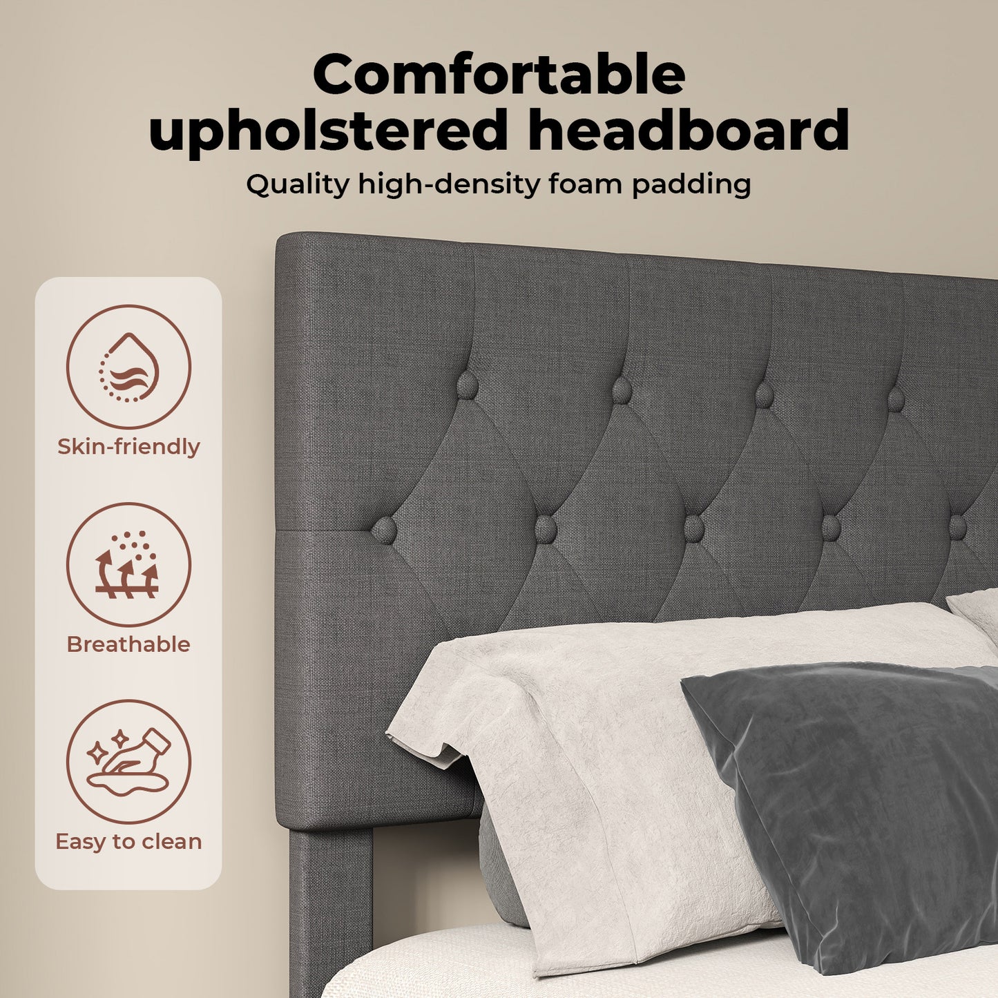 Levede Bed Frame Double Upholstered Linen Fabric Soft Foam Headboard Wooden Grey