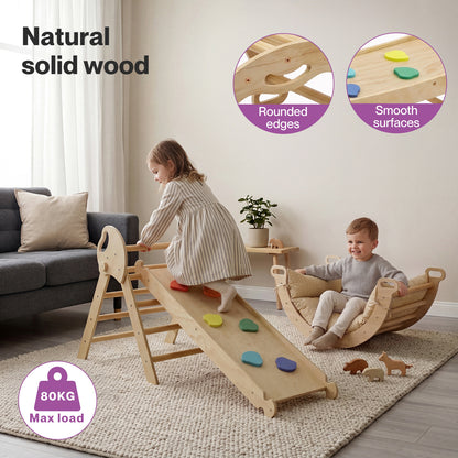 DEKKO 8 in 1 Triangle Climbing Set Kids Wooden Climber with Arch Slide Cushion