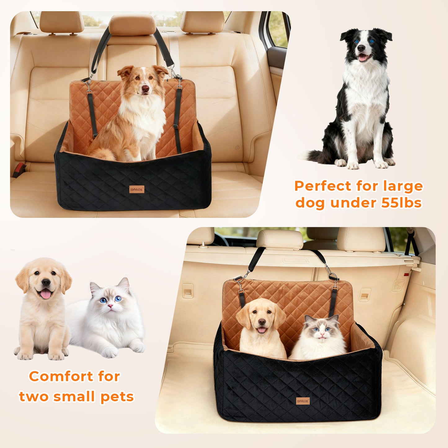 Skylos Dog Booster Car Seat Travel Carrier Bed Basket for Pet up to 55lbs Brown