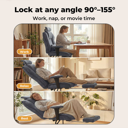 Executive Ergonomic Office Chair Suede Fabric Wide Seat 155° Recline Footrest