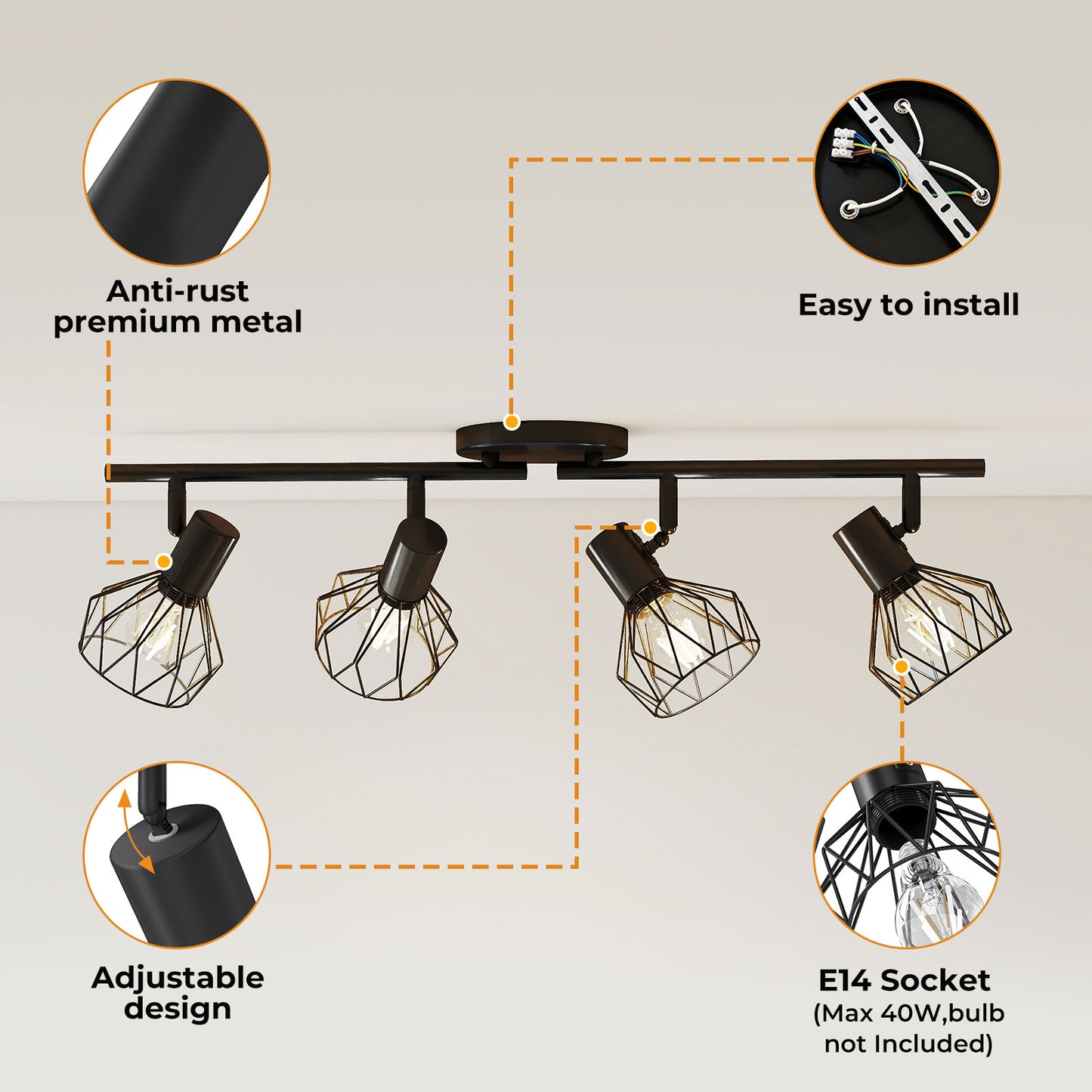 EMITTO LED Spot Ceiling Light 4-Way Adjustable Vintage Black Metal E14 Fixture