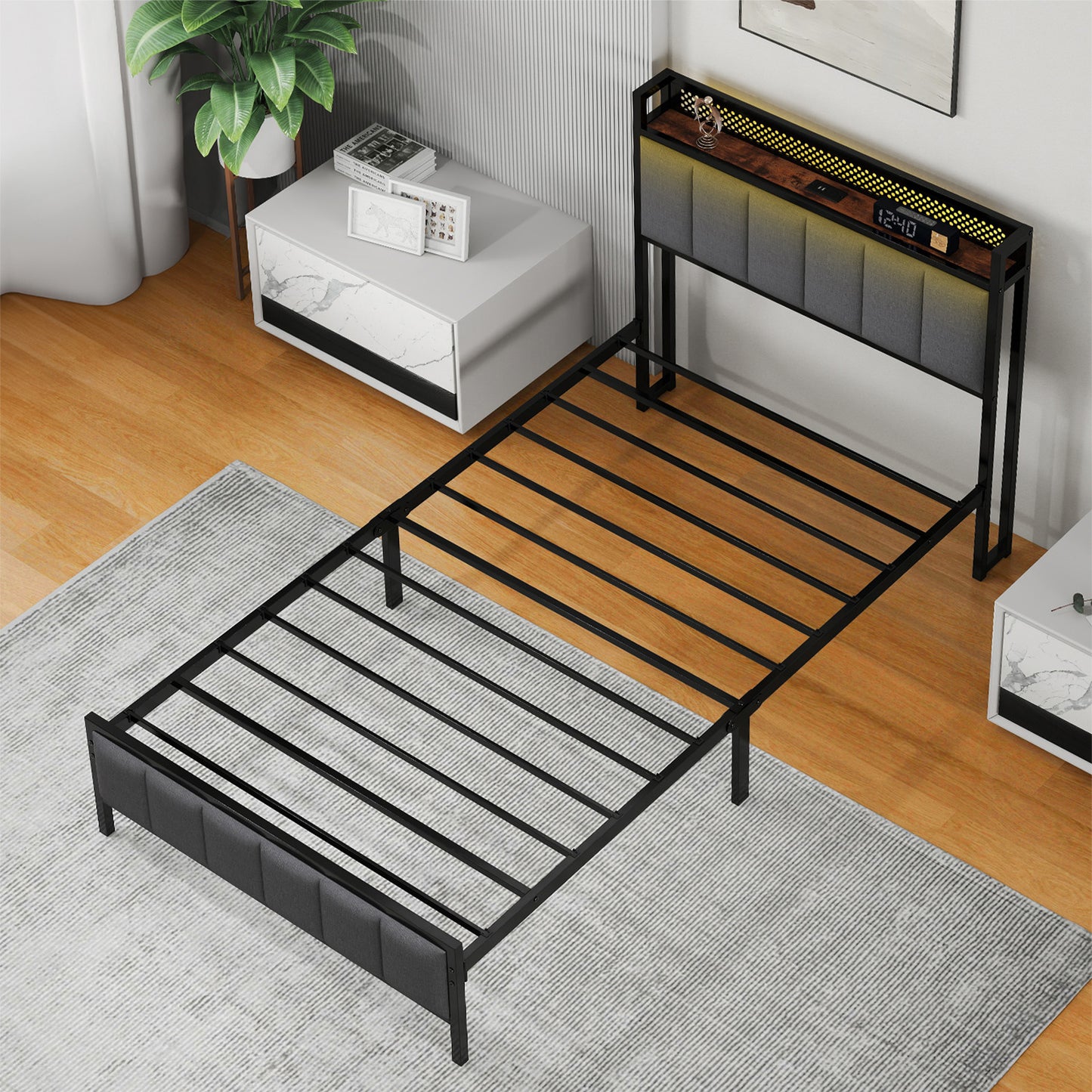 Levede Single Bed Frame Metal Platform 90x200cm LED Headboard Charging Station