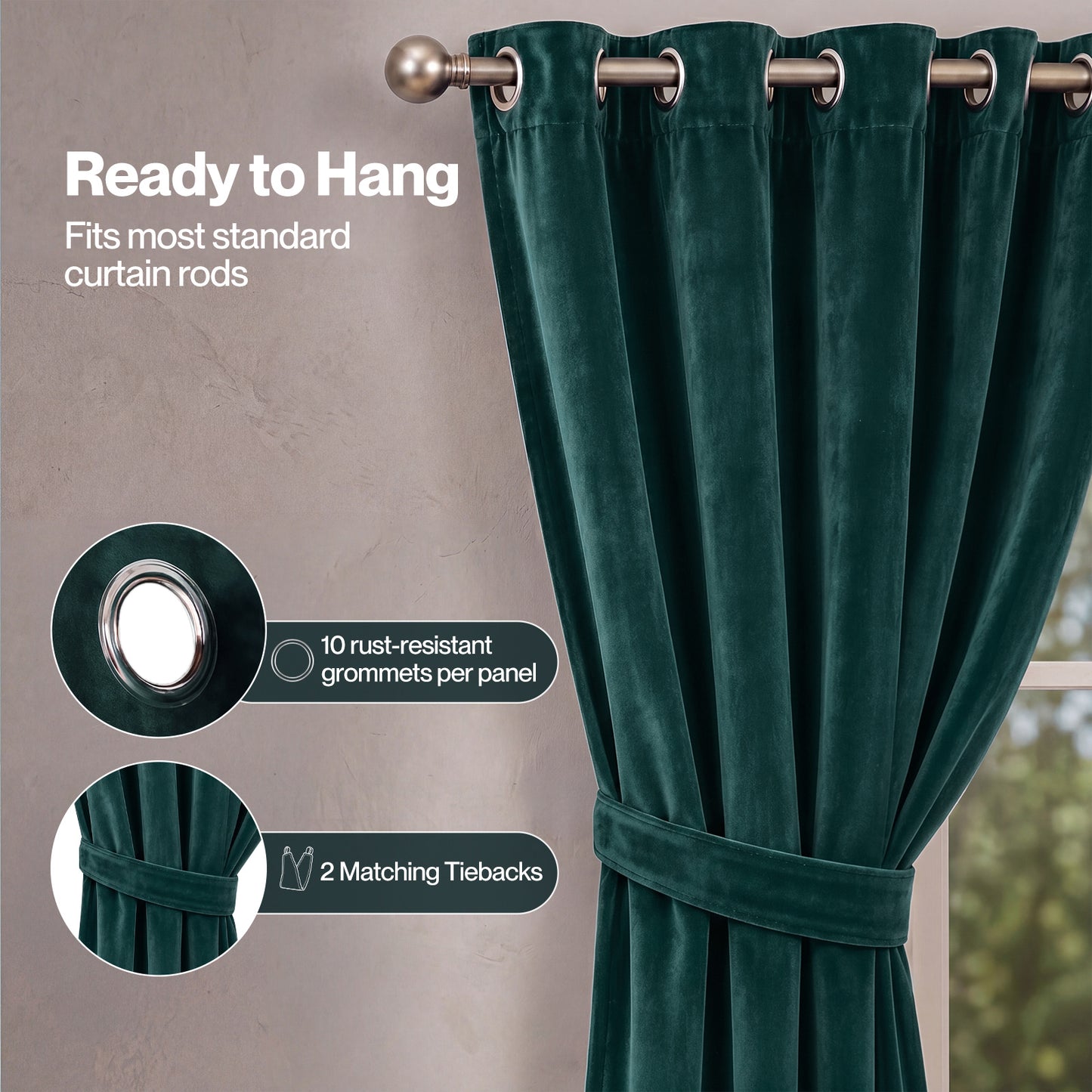 Marlow Thick Thermal Blackout Curtains Velvet 66x72 Inch Eyelet Ring Top Green
