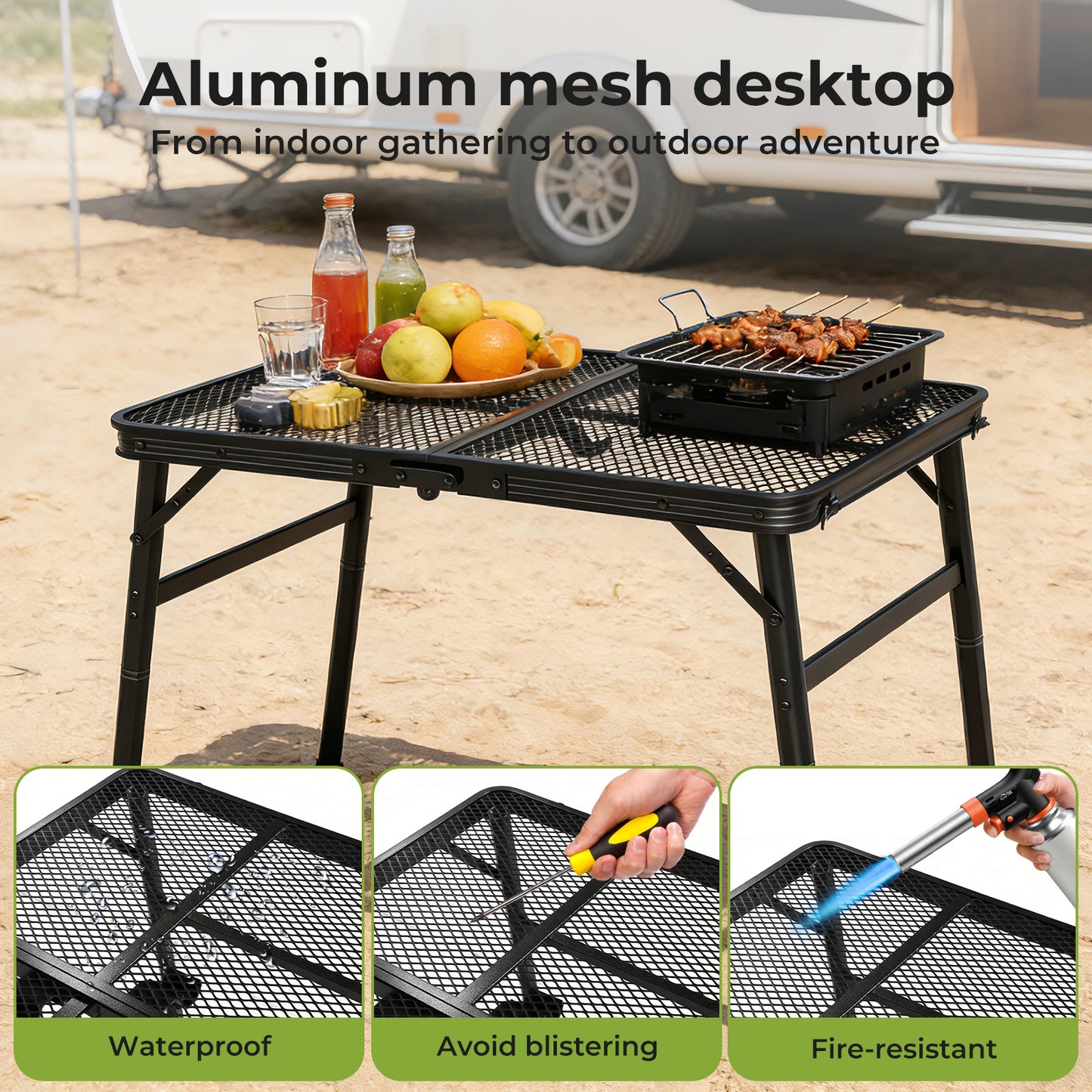 Levede Folding Camping Table Adjustable Height Aluminium Picnic Desk Black 60cm
