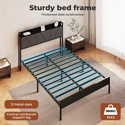 Levede Bed Frame Metal Platform Upholstered Headboard with Storage Single Double