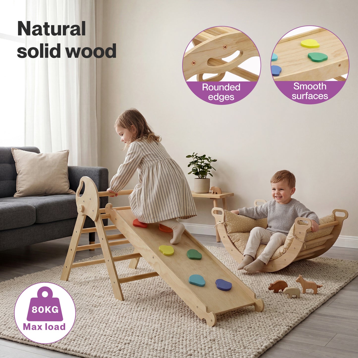 DEKKO 8 in 1 Triangle Climbing Set Kids Wooden Climber with Arch Slide Natural