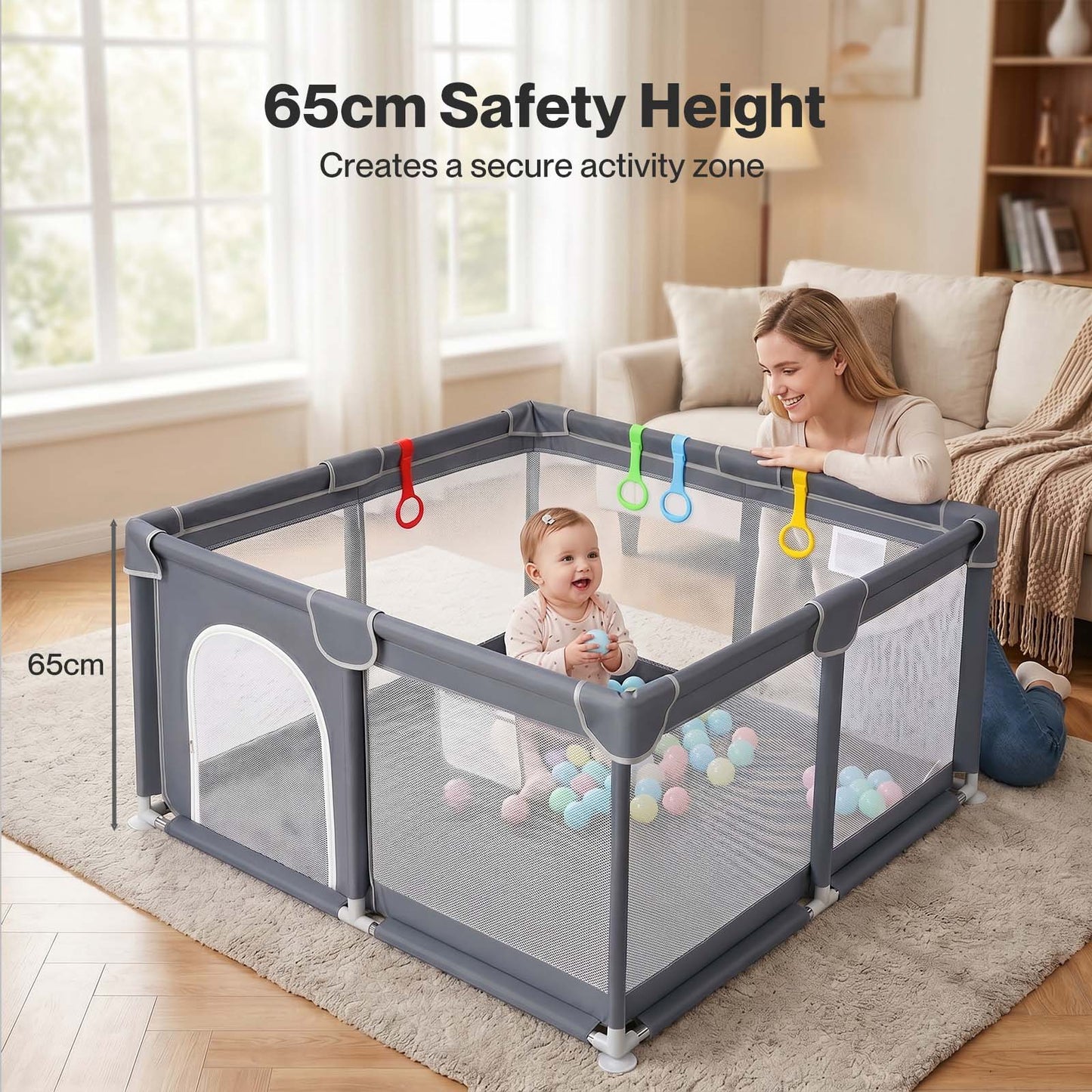 Dekko Baby Playpen 127x127cm Play Mat with 50 Ocean Balls Safe Easy Storage Grey