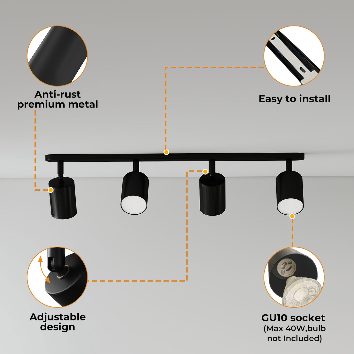 EMITTO Led Ceiling Spot Light GU10 4-Way Fully Adjustable Steel Modern Black