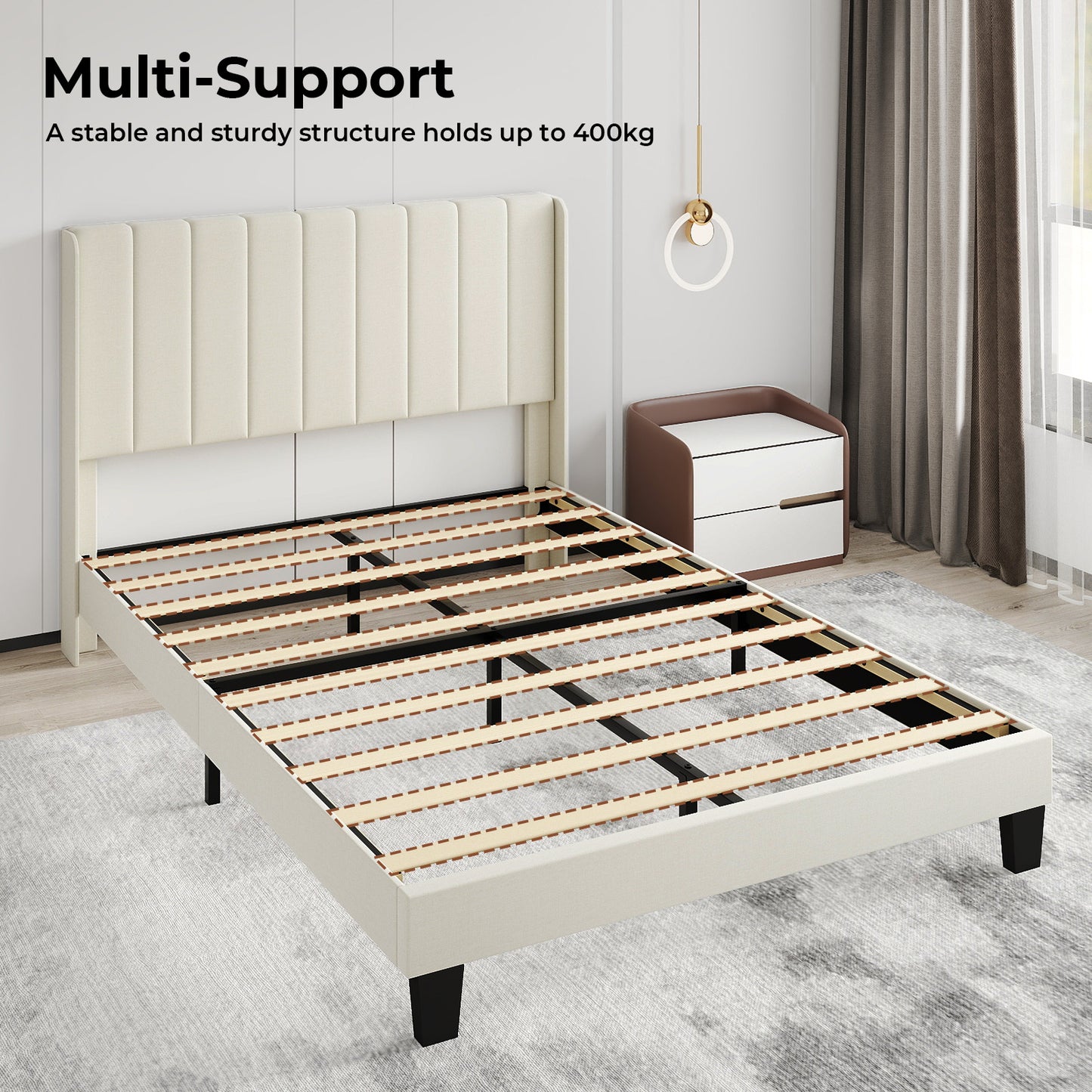 Levede Wooden Bed Frame King Panel Plush Upholstered Metal Bed Platform Beige