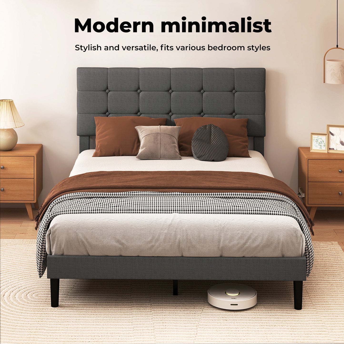 Levede Bed Frame Upholstered Linen Headboard Tufted Wooden Slat Double Size Grey