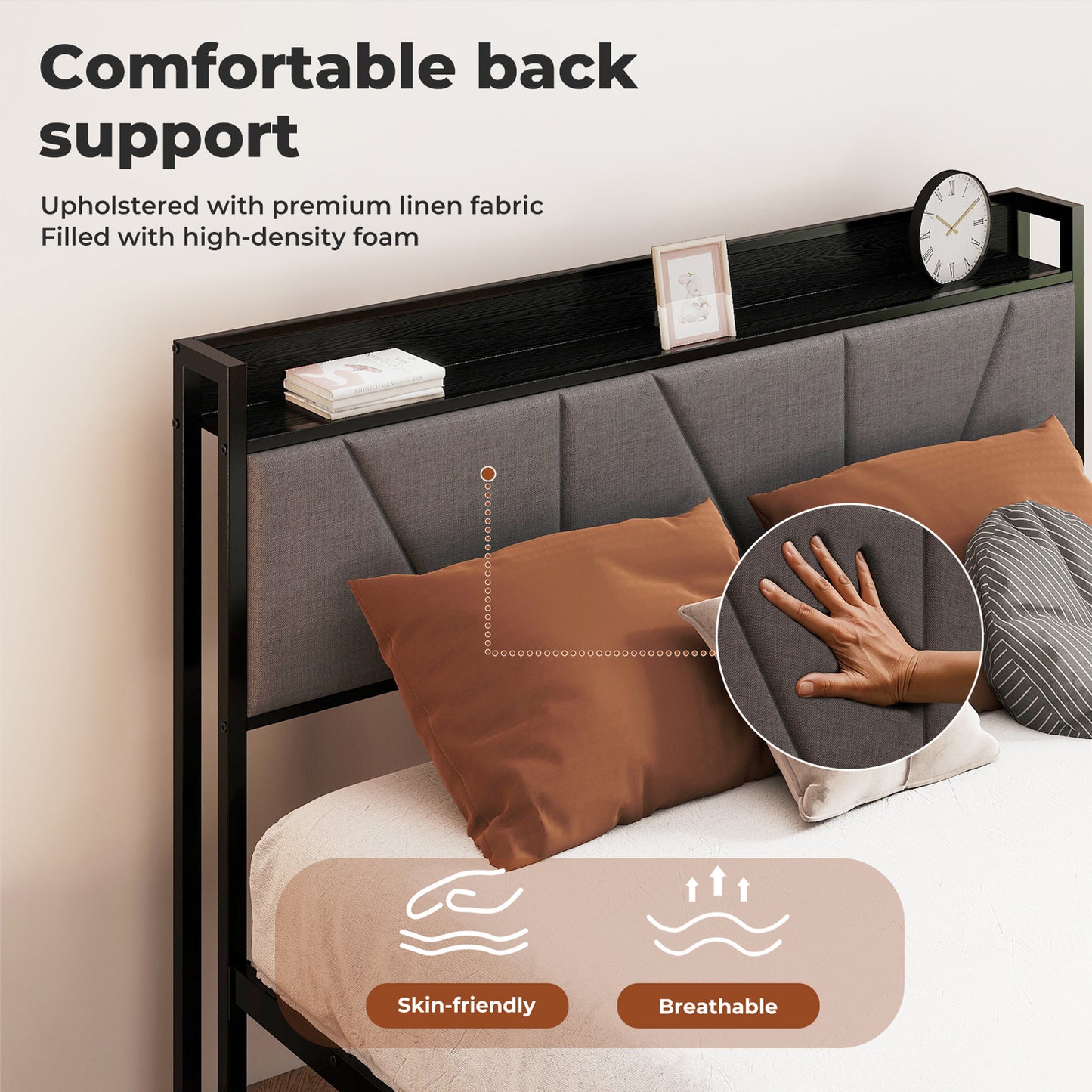 Levede Bed Frame Metal Platform Upholstered Headboard with Storage Single Double