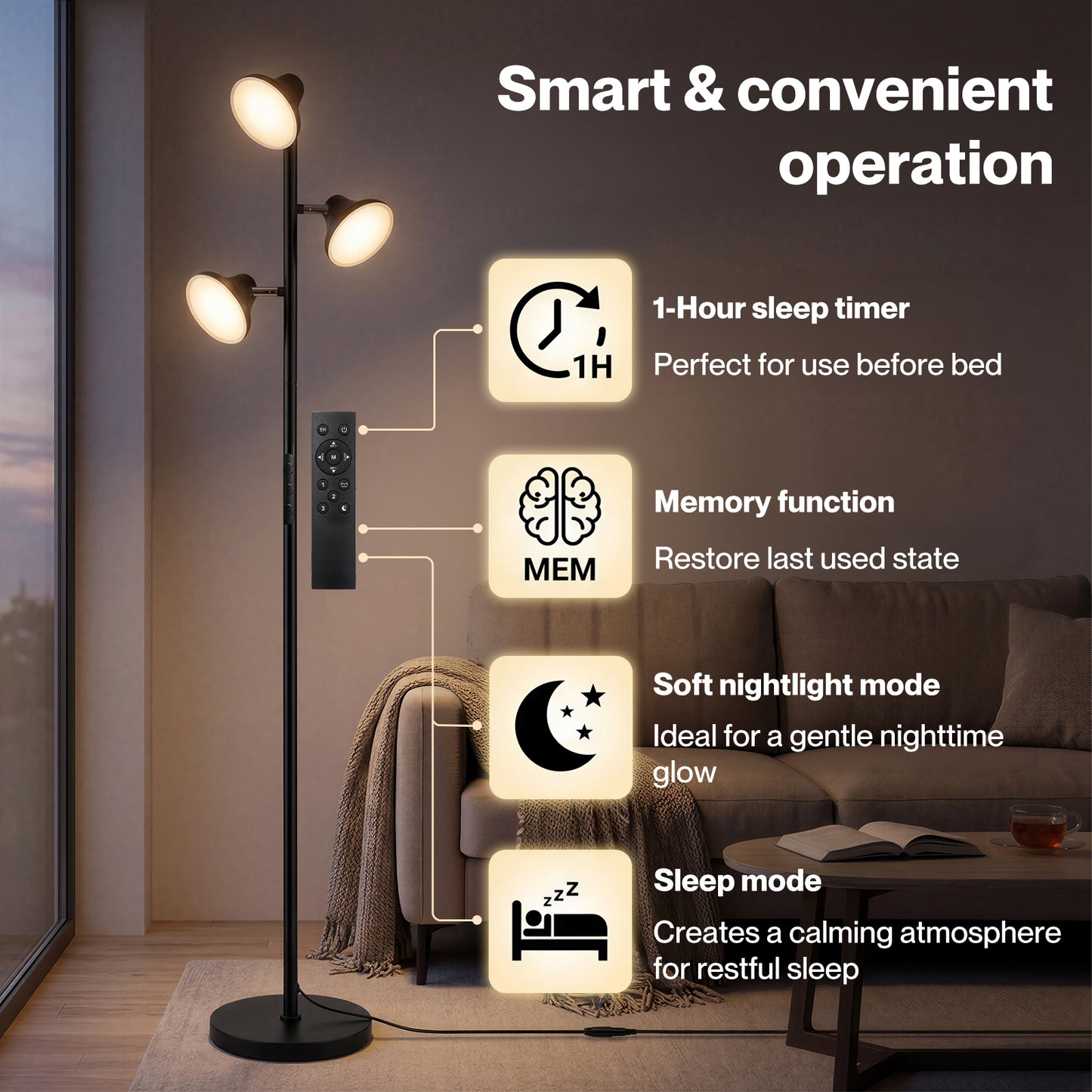 Emitto Floor Lamp 3 Head LED Reading Light Rotatable Remote Standing Lamp Black