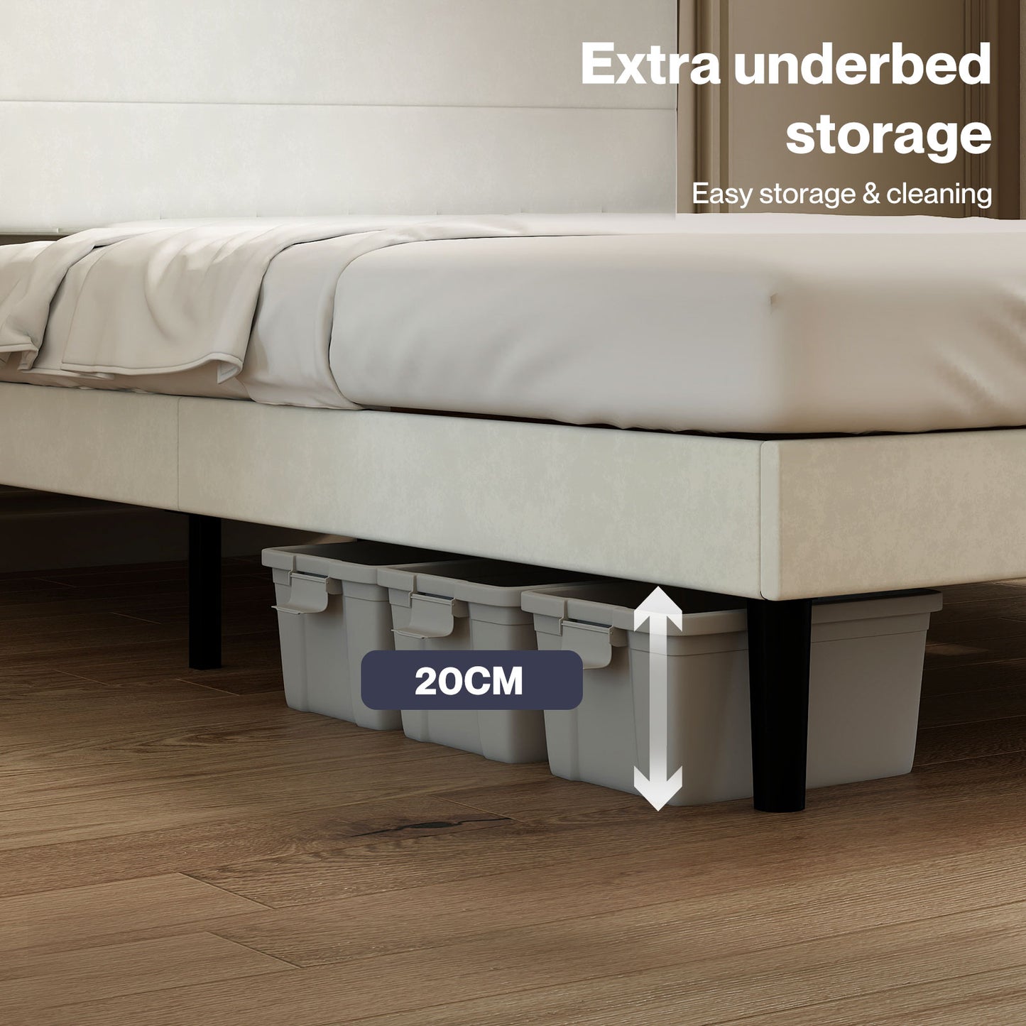 Levede Double Bed Frame with Upholstered Headboard Velvet Foam White Fabric