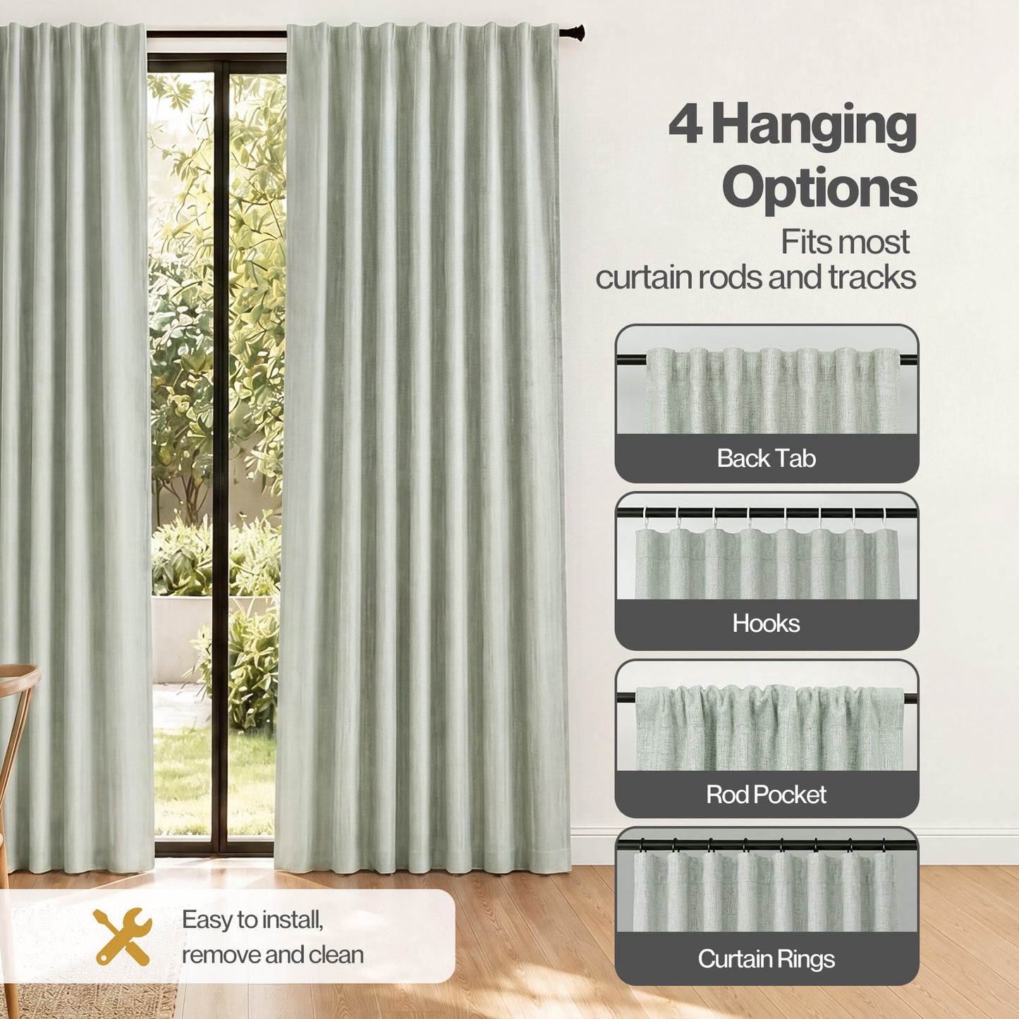 Marlow 100% Blackout Curtains Thermal Linen Look Pair Ready Made 46x72 in Green