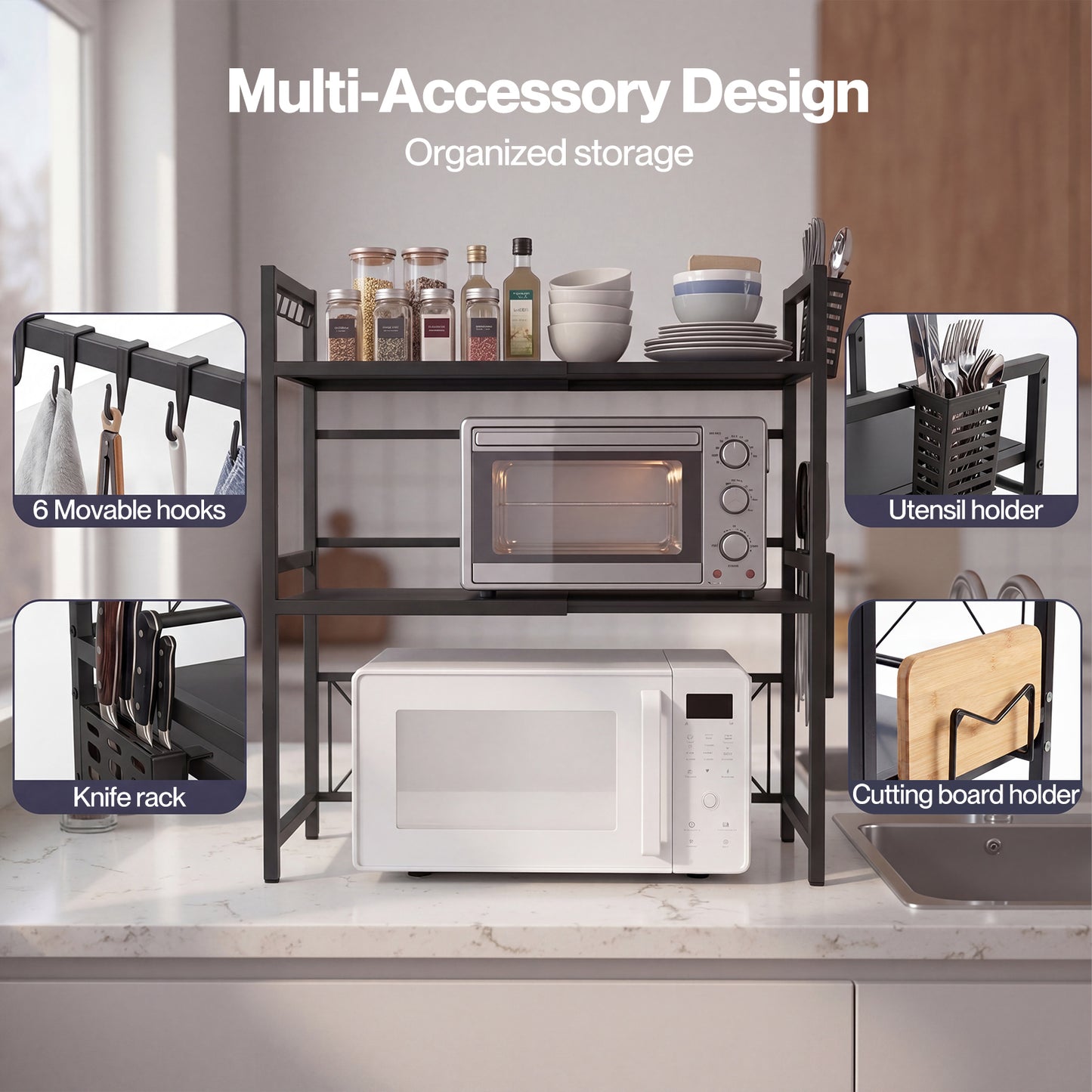 TOQUE 3 Tier Expandable Rack Stand Kitchen Storage Holder Microwave Oven Shelf