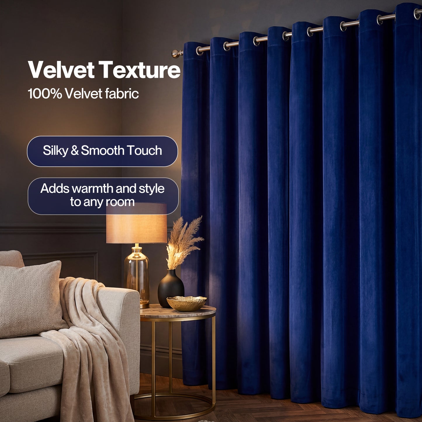 Marlow Thick Thermal Blackout Curtains Velvet 66x72 Inch Eyelet Ring Top Blue