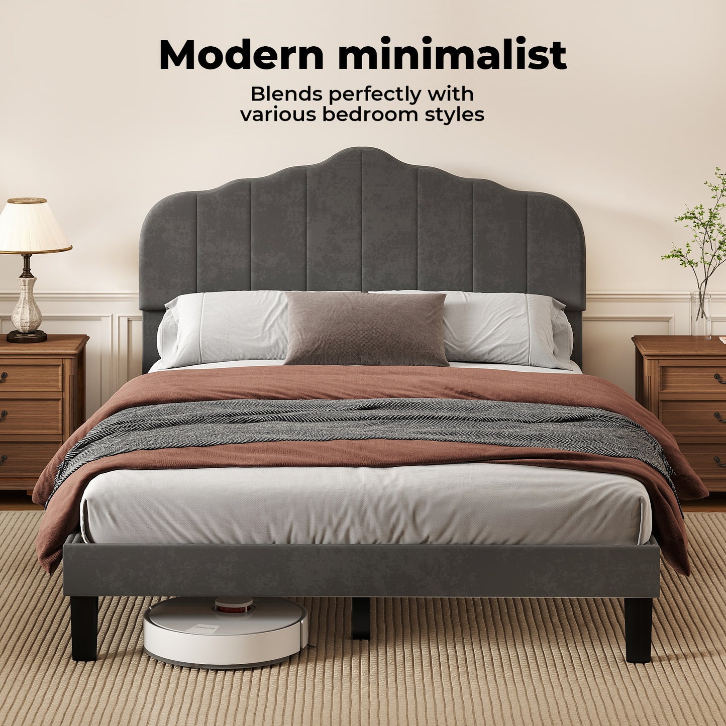 Levede Double Upholstered Bed Frame Linen Fabric Modern Soft Scalloped Headboard