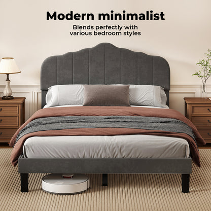 Levede Double Upholstered Bed Frame Linen Fabric Modern Soft Scalloped Headboard
