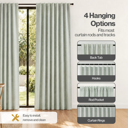 Marlow 100% Blackout Curtains Thermal Linen Look Pair Ready Made 52x84 in Green