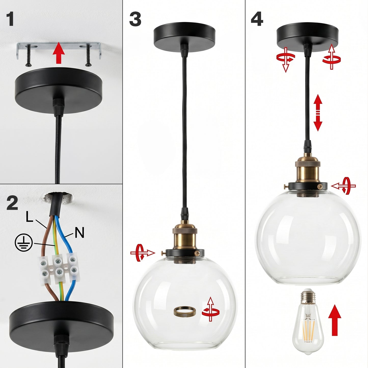 Emitto Ceiling Pendant Light Retro Industrial Glass LampShade Adjustable Cable