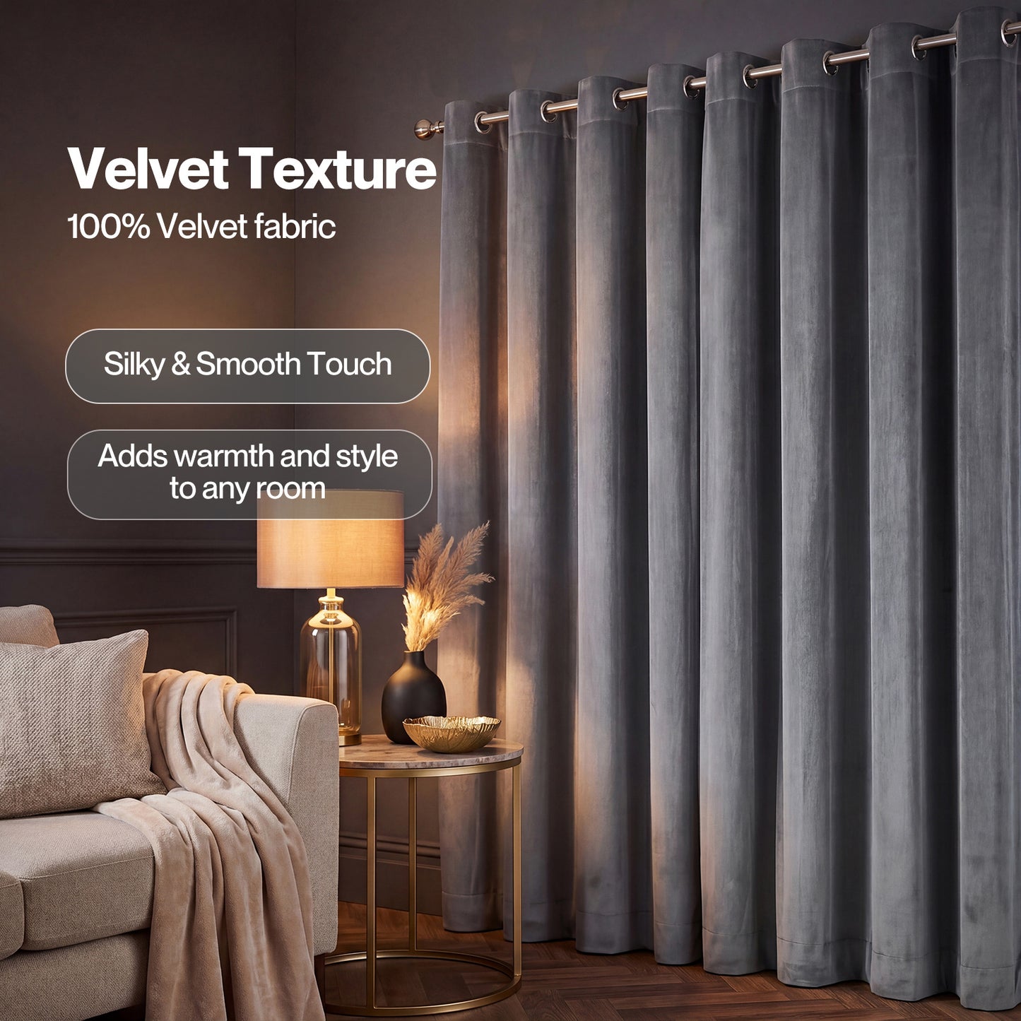 Marlow Thick Thermal Blackout Curtains Velvet 66x72 Inch Eyelet Ring Top Grey