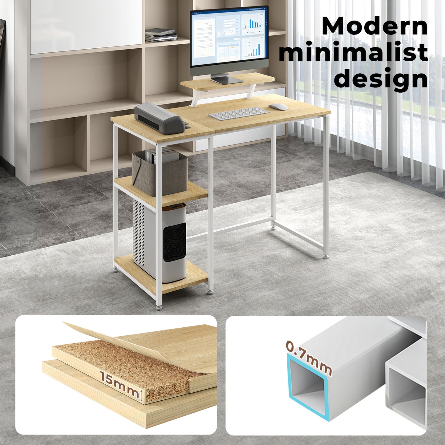 Levede Computer Desk Home Office Table with Storage Shelves Monitor Stand Oak