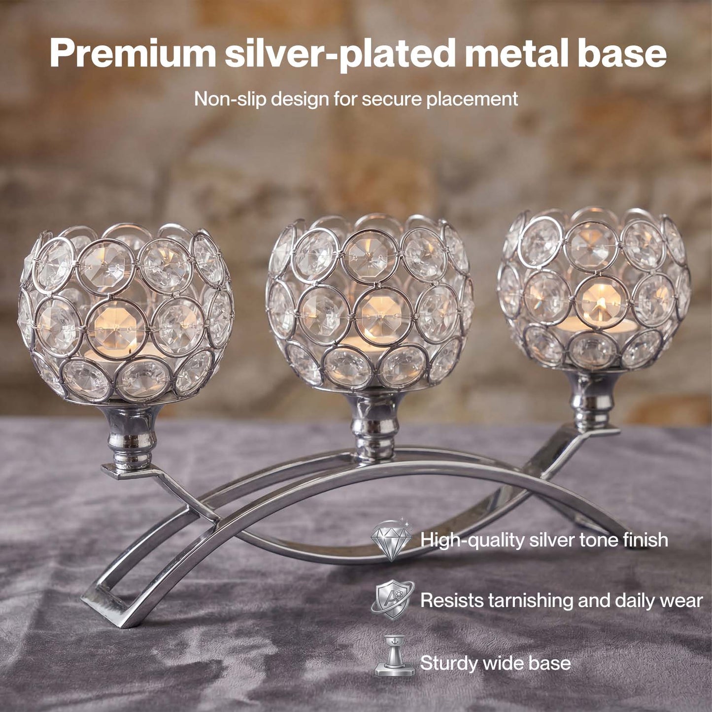 Levede Candle Holders 3 Arms Silver Arch Crystal Decoration Tealight Candlestick
