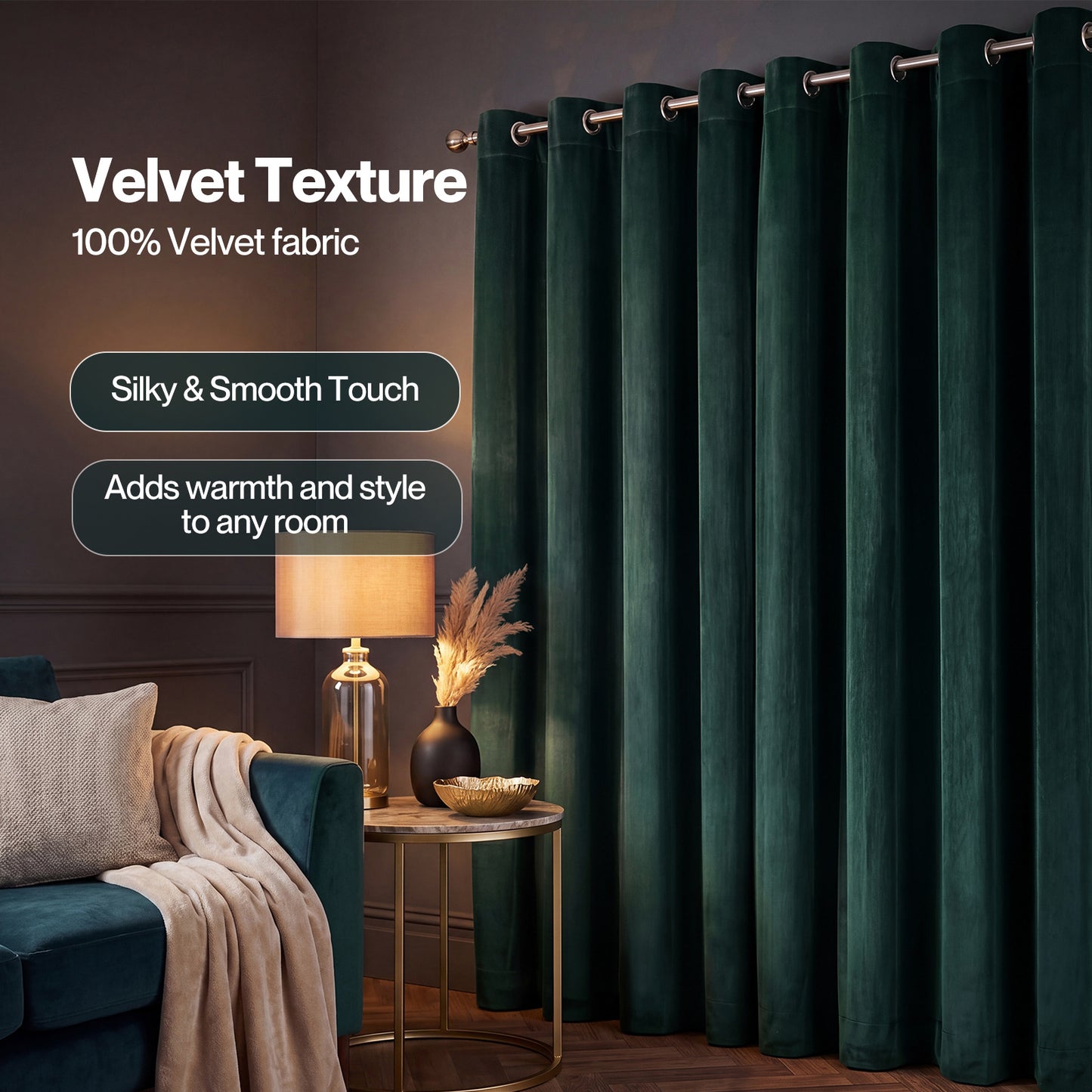 Marlow Thick Thermal Blackout Curtains Velvet 66x90 Inch Eyelet Ring Top Green
