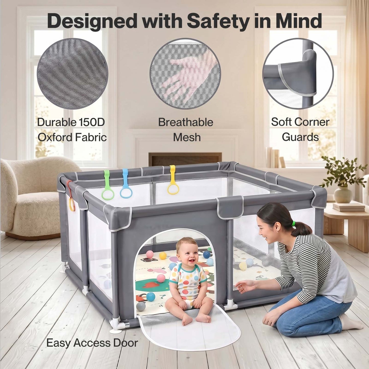 Dekko Baby Playpen 127x127cm Play Mat with 50 Ocean Balls Safe Easy Storage Grey