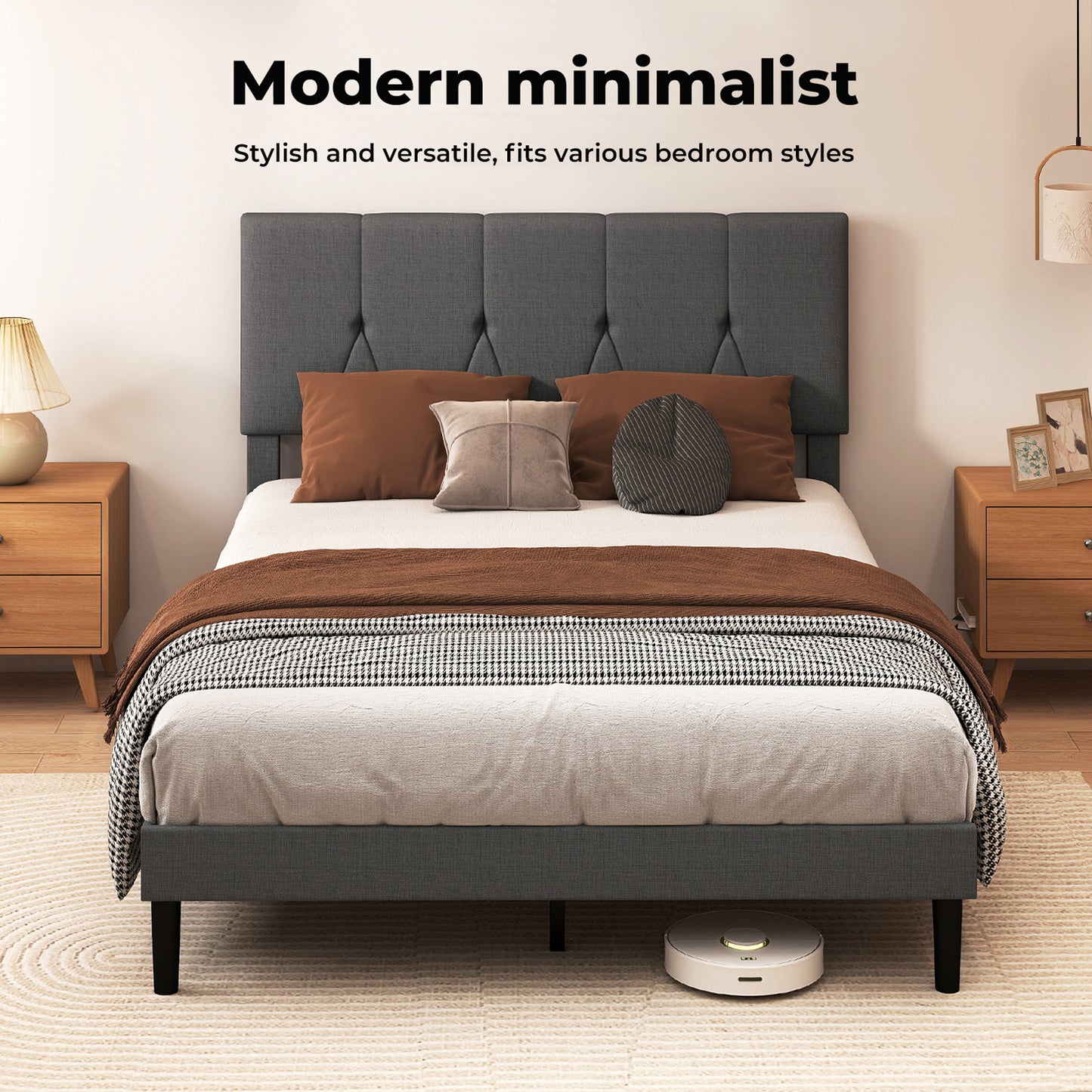 Levede Bed Frame Upholstered Linen Fabric Headboard Wooden Slat Double King Size